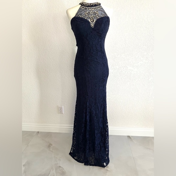 B Darlin Navy Lace Maxi Prom Dress NWOT - Picture 1 of 8